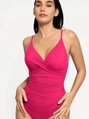 Shapewear Ruched Cross-Front Sculpting One-Piece Swimsuit size M hibiscus Pink
